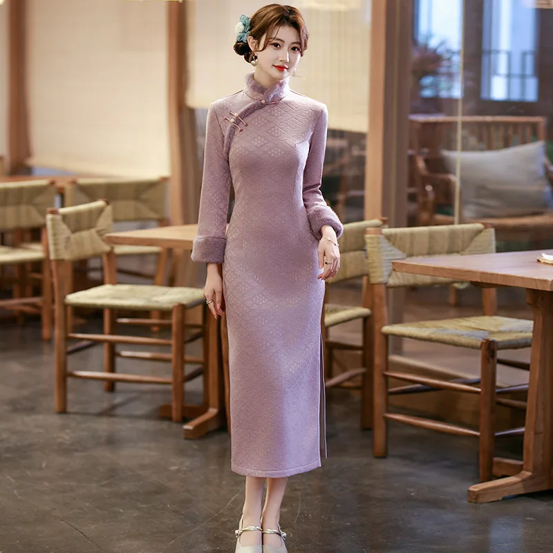 Yourqipao Winter Purple Fleece-Lined Thickened Modified Cheongsam Long-Sleeved Qipao Chinese Style Evening Dress for Women
