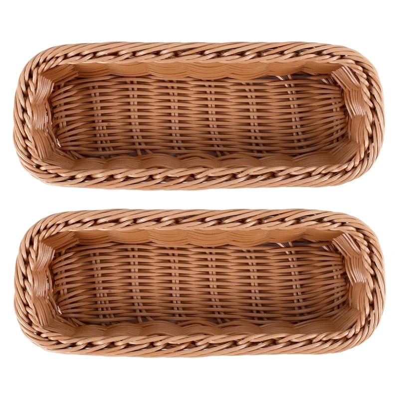 2Pc Rattan Plastic Basket Cutlery Basket Rectangular Storage Box Cutlery Fork Chopsticks Bread Cake Fruit Storage