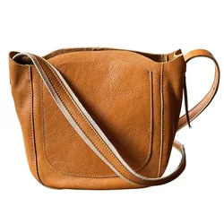 Bolsa crossbody de couro bronzeado vegetal para mulheres, bolsa de ombro simples, bolsa de balde, outono, inverno, 2023