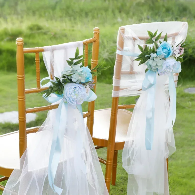 

2PCS Artificial Flower Wedding Proposal Banquet Chair Back Flower Outdoor Party Supplies Flower Bouquet Eucalyptus Ribbons