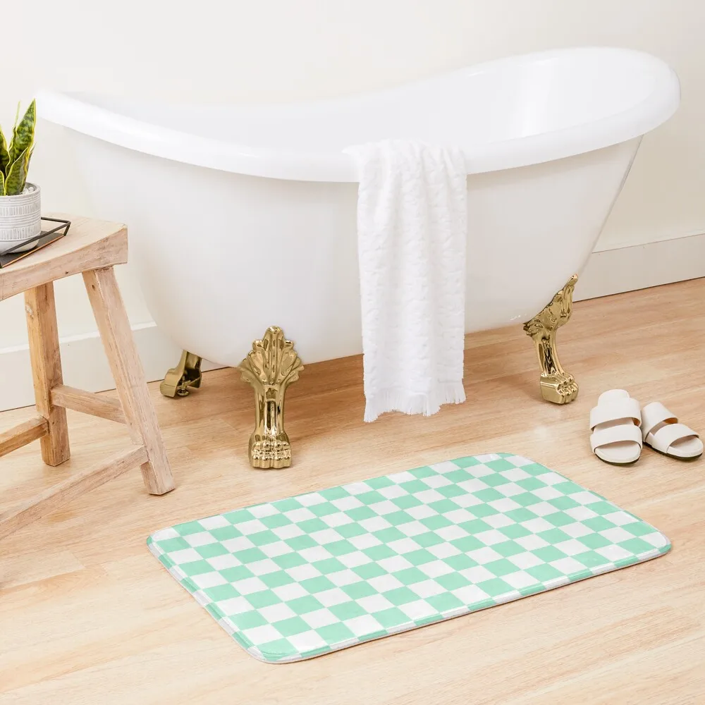 

White and Magic Mint Green Checkerboard Bath Mat Carpet In The Bathroom Home Entrances Bathroom Utensils Bathroom Kit Mat