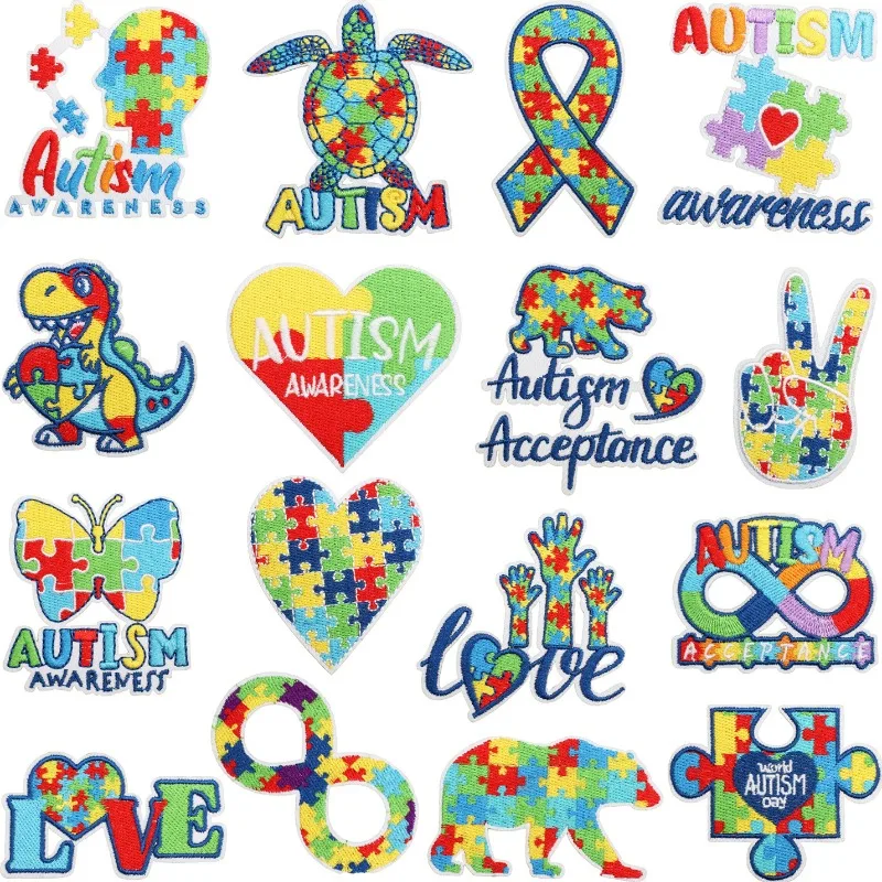 Turtle Dinosaur Autism Themed Iron on Embroidery Patch Stickers Applique for Clothes T-shirt Jeans Hat Bags Car Ipad Bicycle