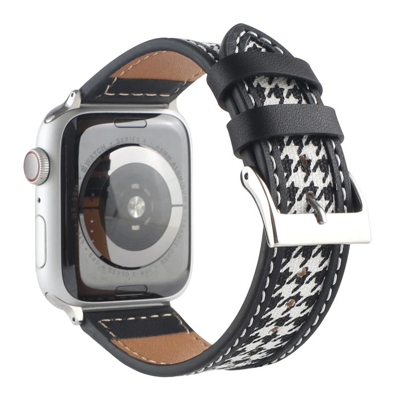 leather Thousand bird plaid canvas strap for apple watch band ultra2 49mm SE 8 7 6 5  accessories iWatch series 9 45mm 41mm 44mm