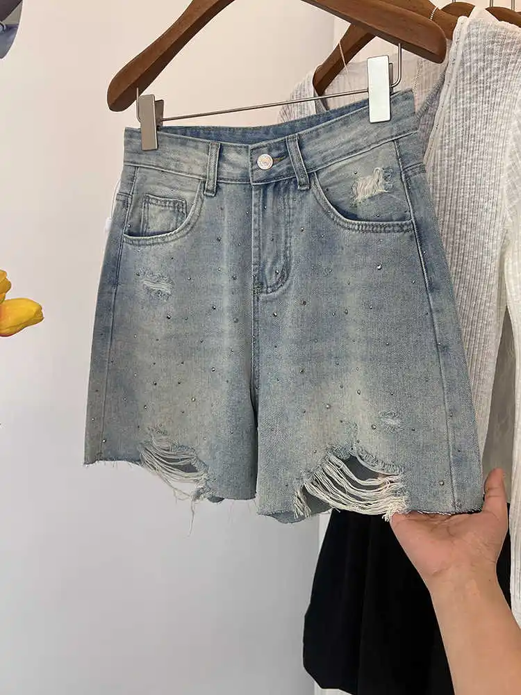 女性ラインストーンデニムショーツ夏ハイウエストジッパー光沢のあるブルーショーツアメリカンカジュアルファッション女性リッピングショートジーンズ
