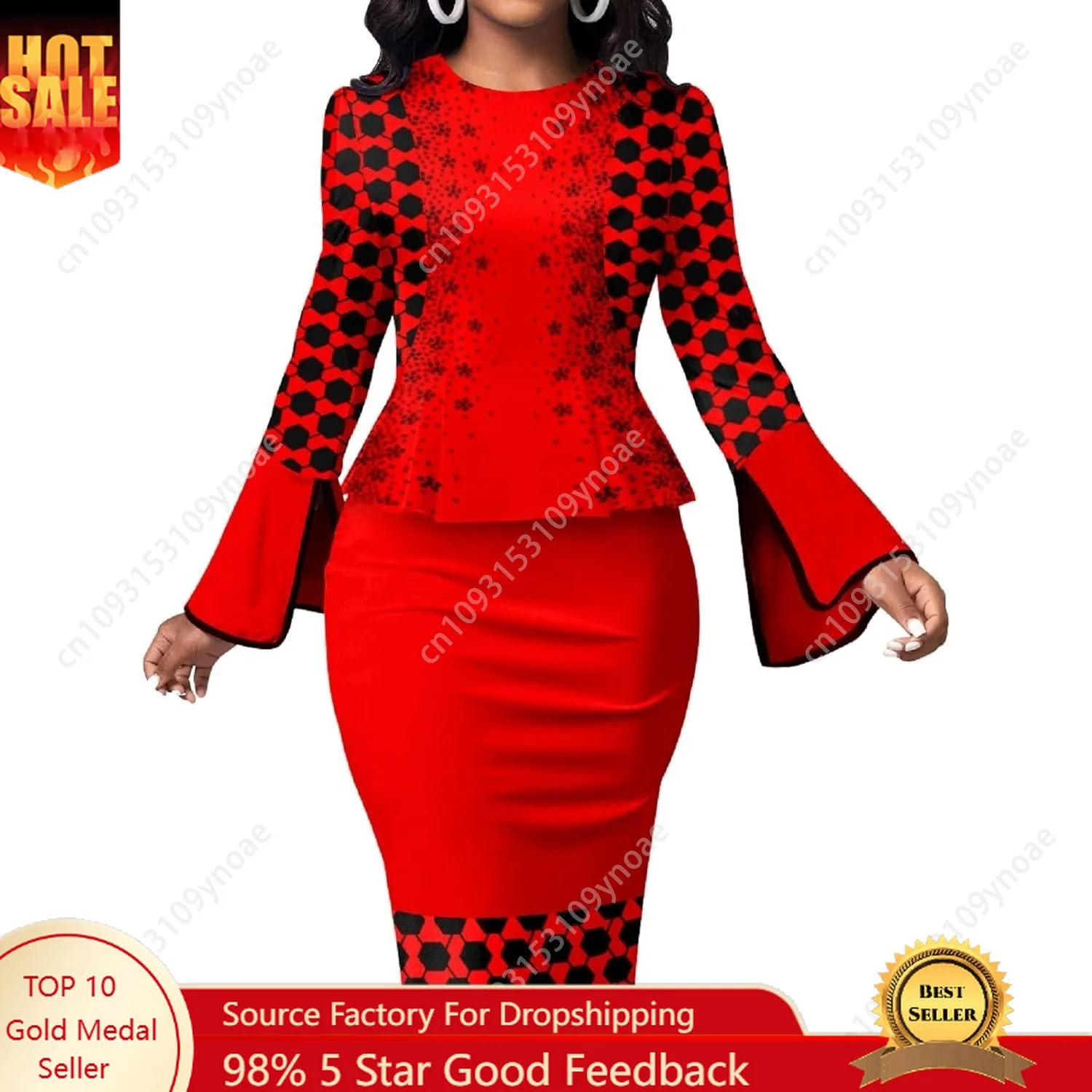 

Retro diamond print bell sleeve pencil skirt Sexy women tight dresses red two piece suit Round neck hip wrapped midi skirts