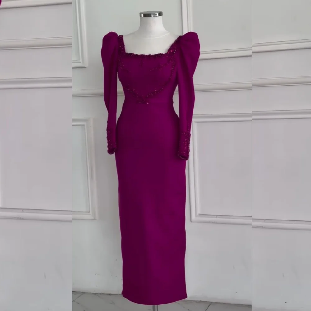 Personalizado formal jérsei plissado lantejoulas padrão em linha reta pescoço quadrado midi vestidos sob medida ocasião festa simples clássico