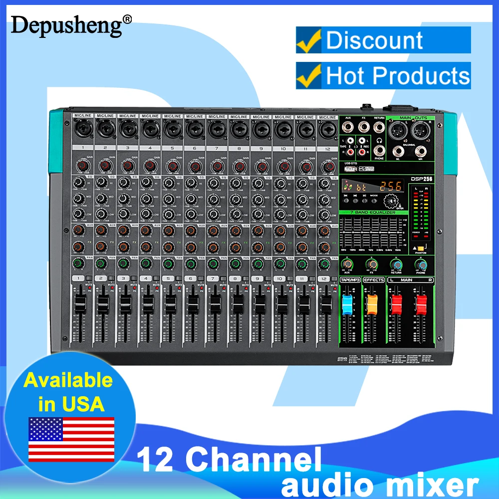 12 Channels Audio Sound Mixer Depusheng MG12 Mixing DJ Console USB with 48V Phantom Power 256 DSP Effects Sound Table for stage