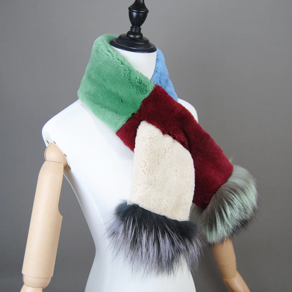 2024 Winter Women Genuine Knitted Fox Fur Scarf Real Rex Rabbit Fur Collar Warm Neck Natural colorful Rex Rabbit Fur Scarves