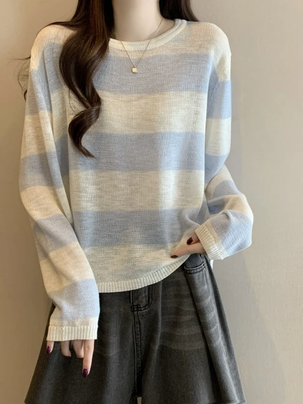 Women's Slim Fit Striped Ice Silk Sun Protection Knitted Top Thin Summer Base Layer Air Conditioning Shirt Korean Style T-shirt