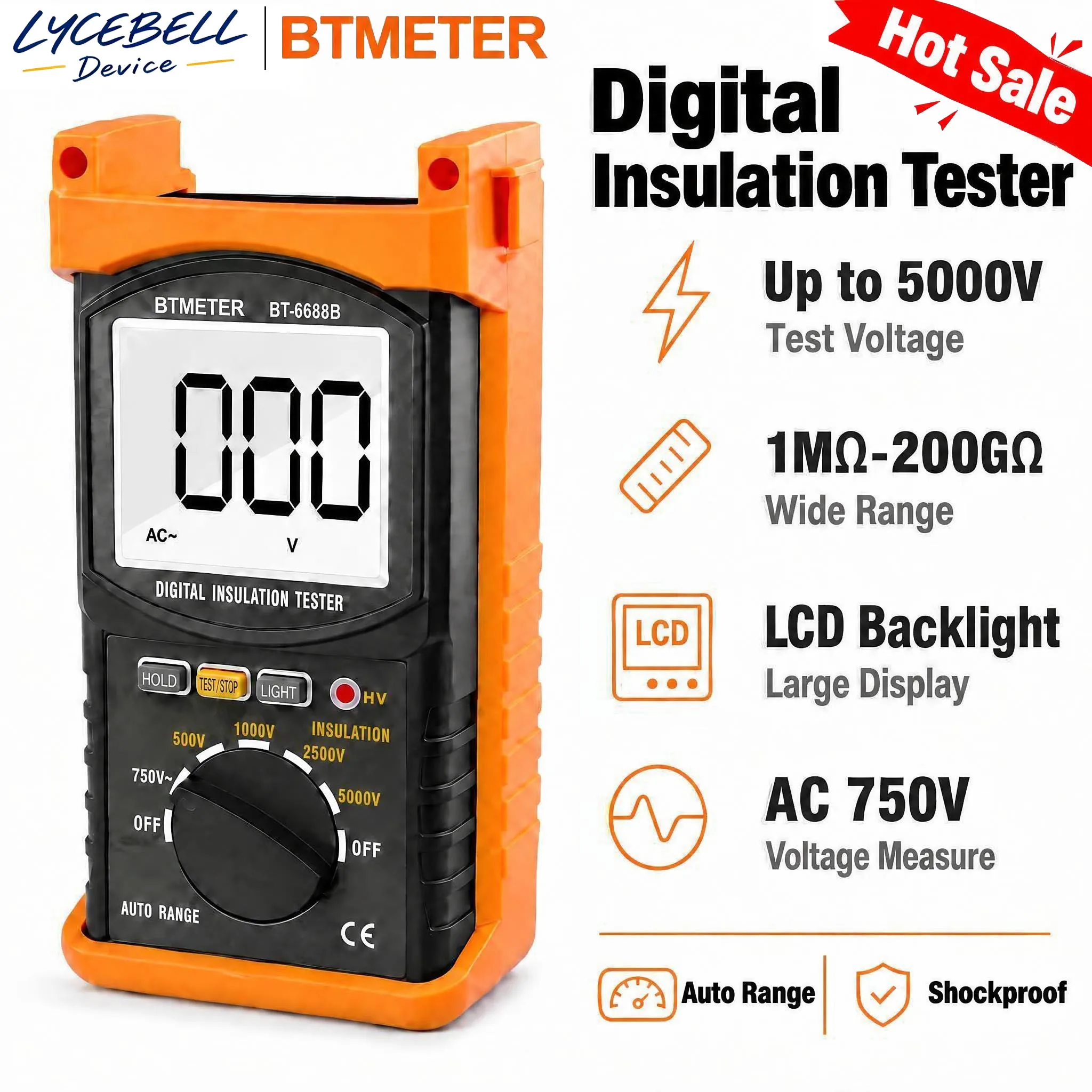 6688B 5000V Insulation Resistance Tester Megohmmeter 200GΩ Auto Range High Voltage Meter