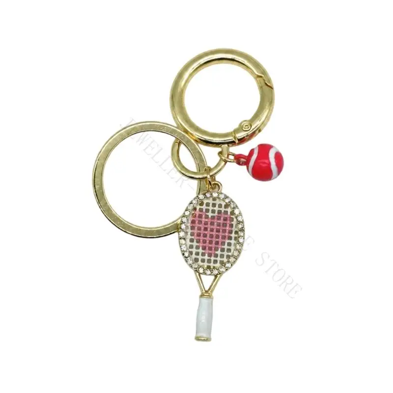 R7UF Sports Theme Bag Charm Keychain with Tennis Racket Pendant, Alloy Ring Clip, and Heart Detail for Daily Accessories