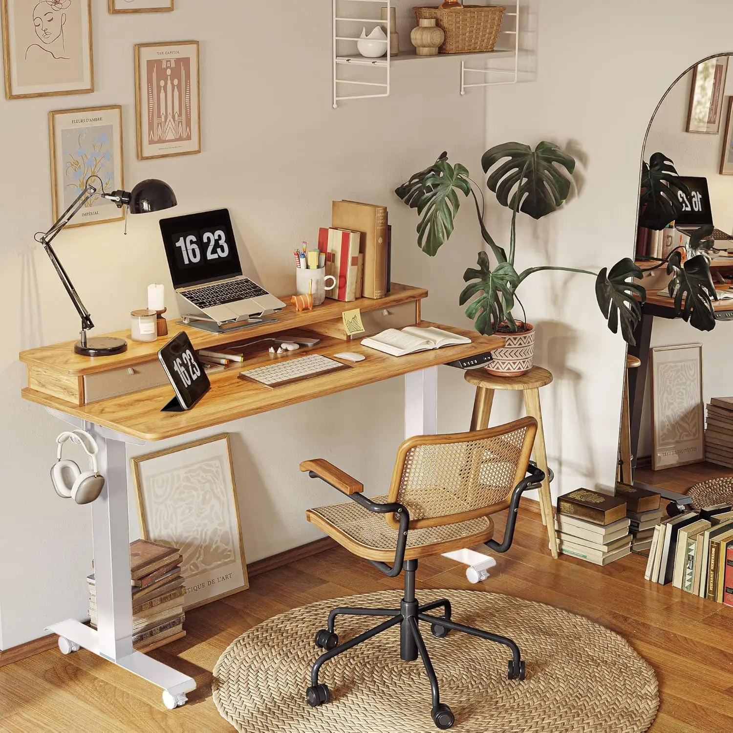 60 x 24 inch high adjustable electric upright table with double drawers and storage shelves, rustic style