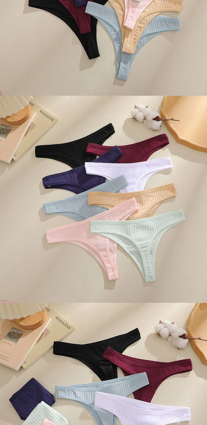 FINETOO 6er-Set Damen gerippte Baumwoll-Tangas, niedrige Taille, atmungsaktive G-String-Unterwäsche, sexy T-Back-Dessous für Frauen – Detail 6
