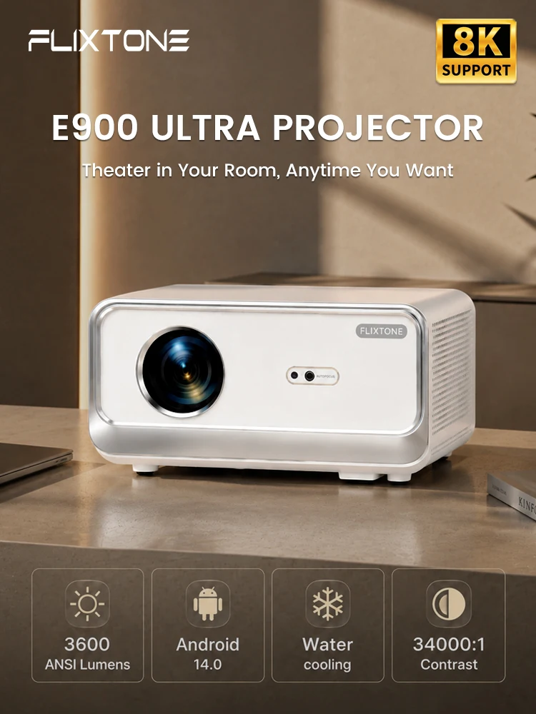 FlixTone E900 Ultra 4K Full HD 1080P Projector Android 14.0 3600 ANSI Video Projector for Home Movie Theater HDR10 LED 3D Beamer