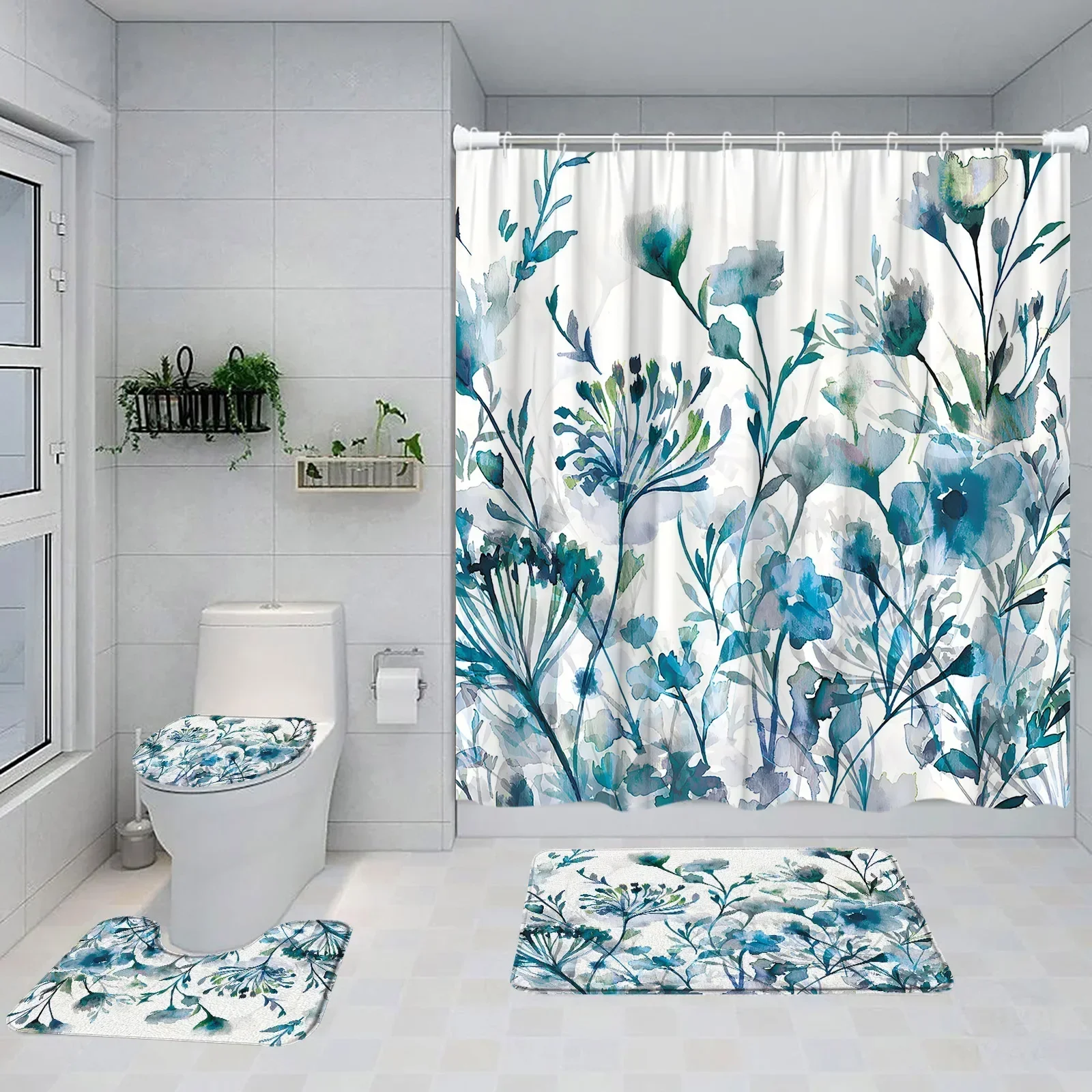 Teal Plant Shower Curtain Set Leaf Flower Black White Floral Bathroom Home Decor Herb Bath Curtain Bathtub Mat Toilet Lid Cover