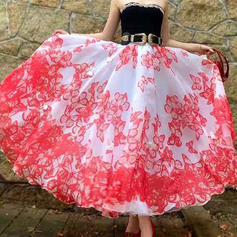 Butterfly print tutu skirt high waist A character  2026 spring and autumn new  korean style y2k long midi skirt