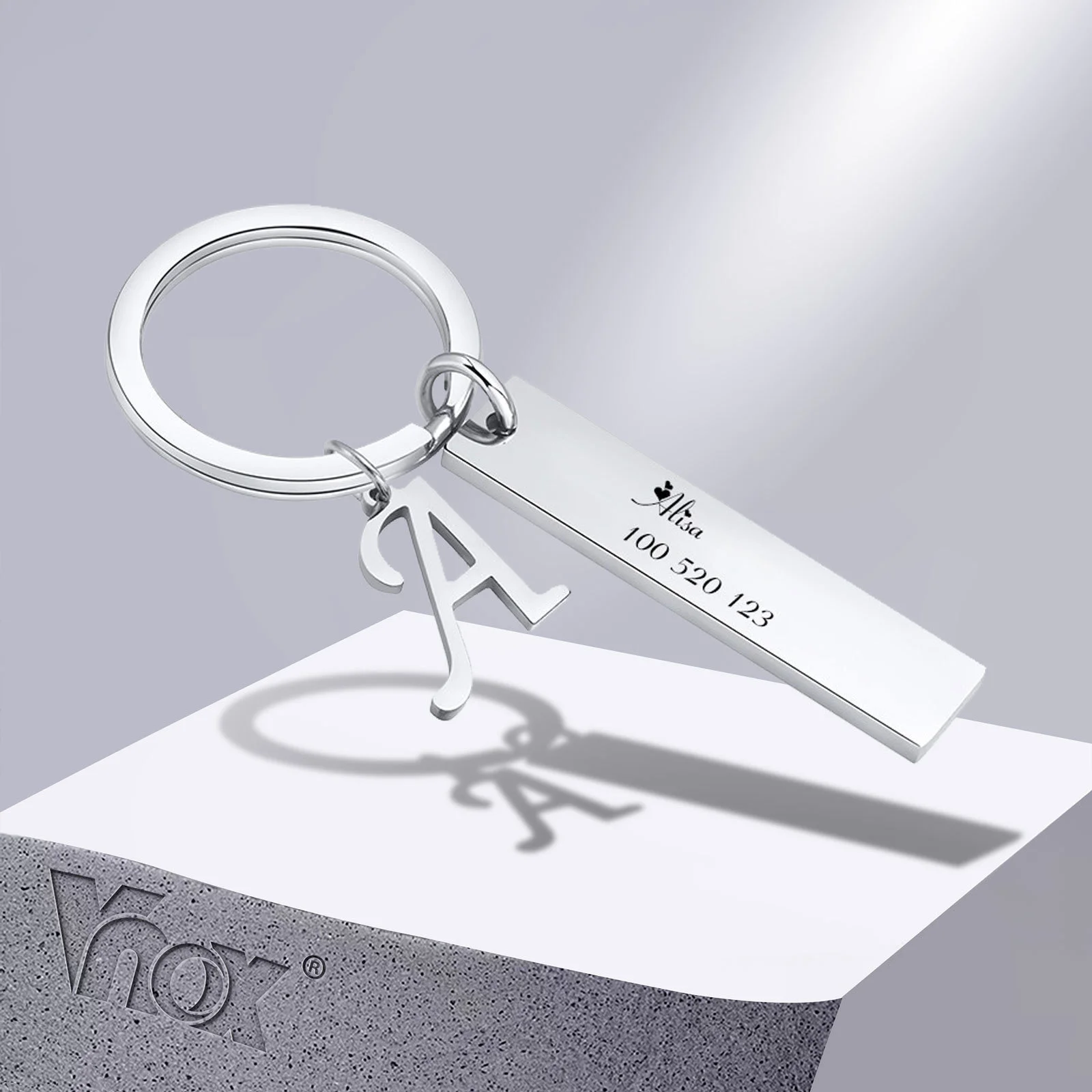 Vnox Initial Keychain, Free Customize Stainless Steel Bar Key Chain, A-Z Letters Charm Pendant Keyring, Meaningful Gift