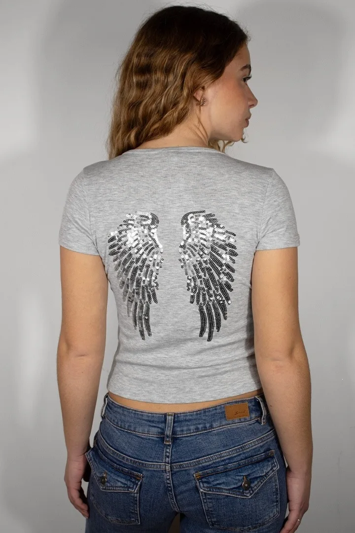 

Sequin Angel's Wings Women Chic Loose Short Sleeve Grey And Blue Casual Slim Yoga Shorts Set 2026 New Casual Lady Two Piece Sets