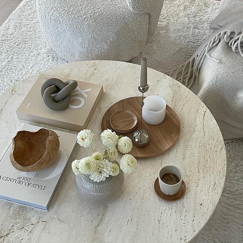 Cream Travertine Coffee Table - French Nordic Round Natural Stone Centerpiece w/ Wabi-Sabi Design for Viral Living Room Decor