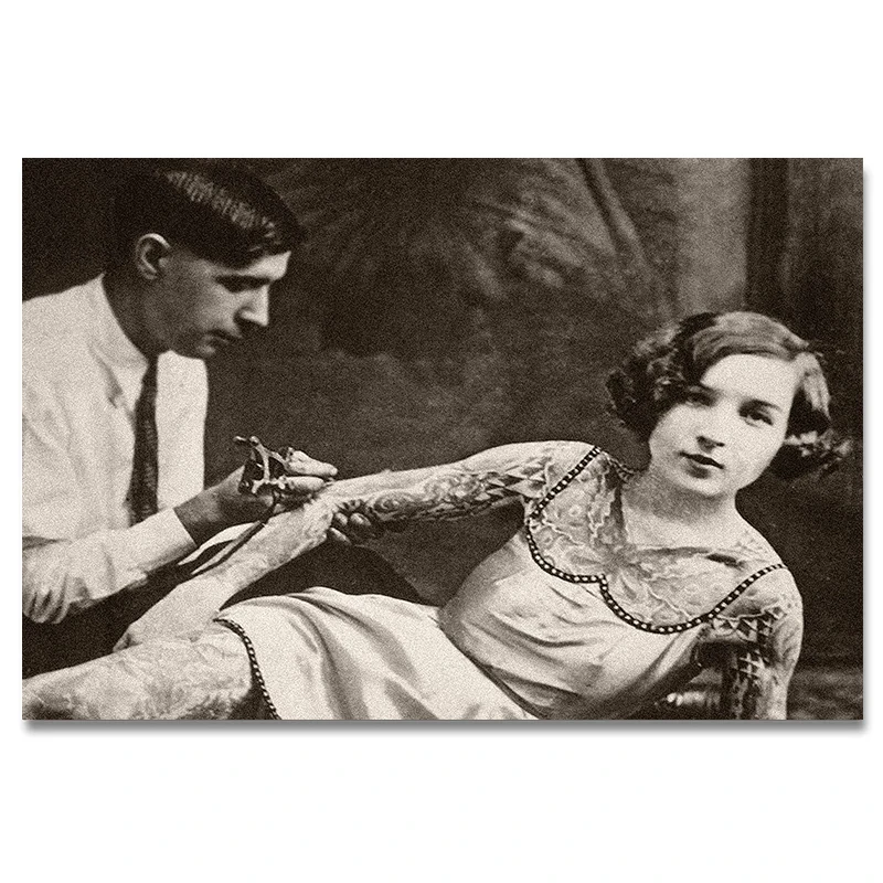 Quirky Tattooed Lady Poster Bizarre Strange Weird Vintage Photo Black and White Canvas Painting Wall Art Decor Cuadros