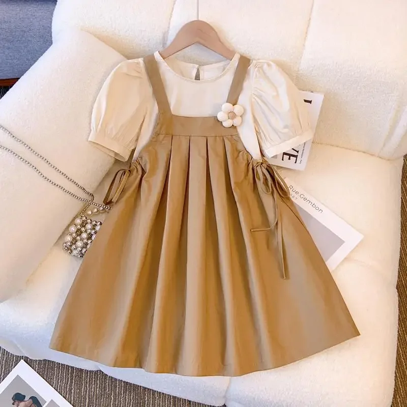 Summer Girls Dress Set Kids Top+Suspender Skirt 2Pic Children Flower Leisure Suit 6 10 12 14 Year Youth Party Clothes Kids Dress