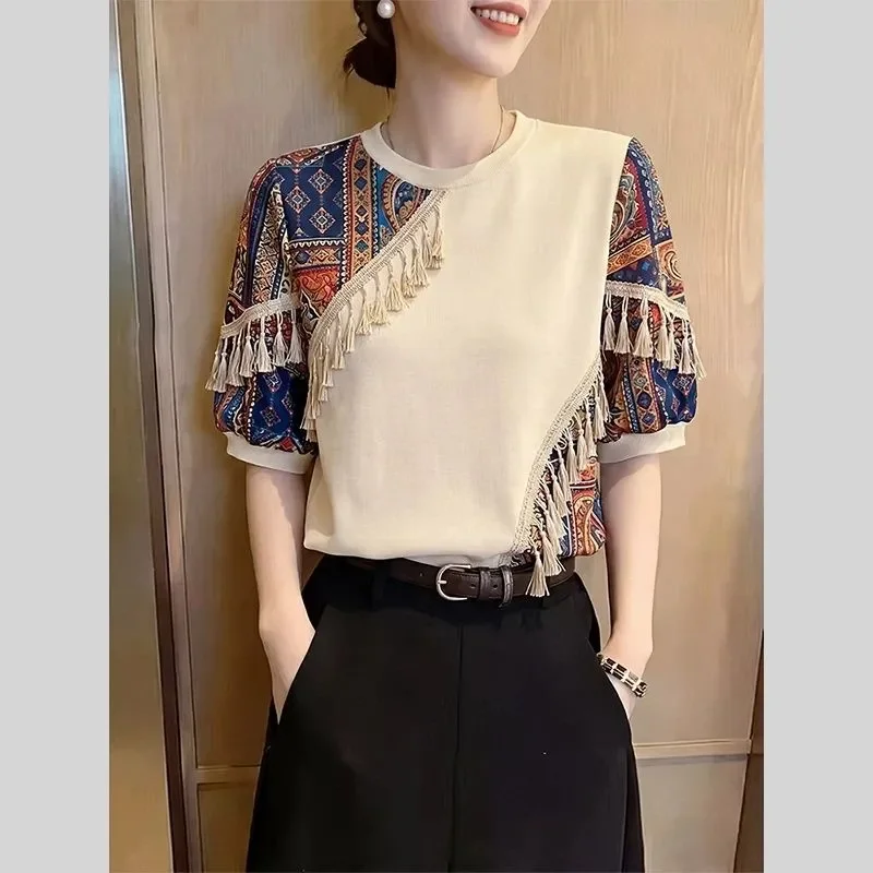 Women Ethnic Patchwork Tassel Blouse Round Neck Puff Short Sleeve Shirt Vintage Printed Casual Summer Tops