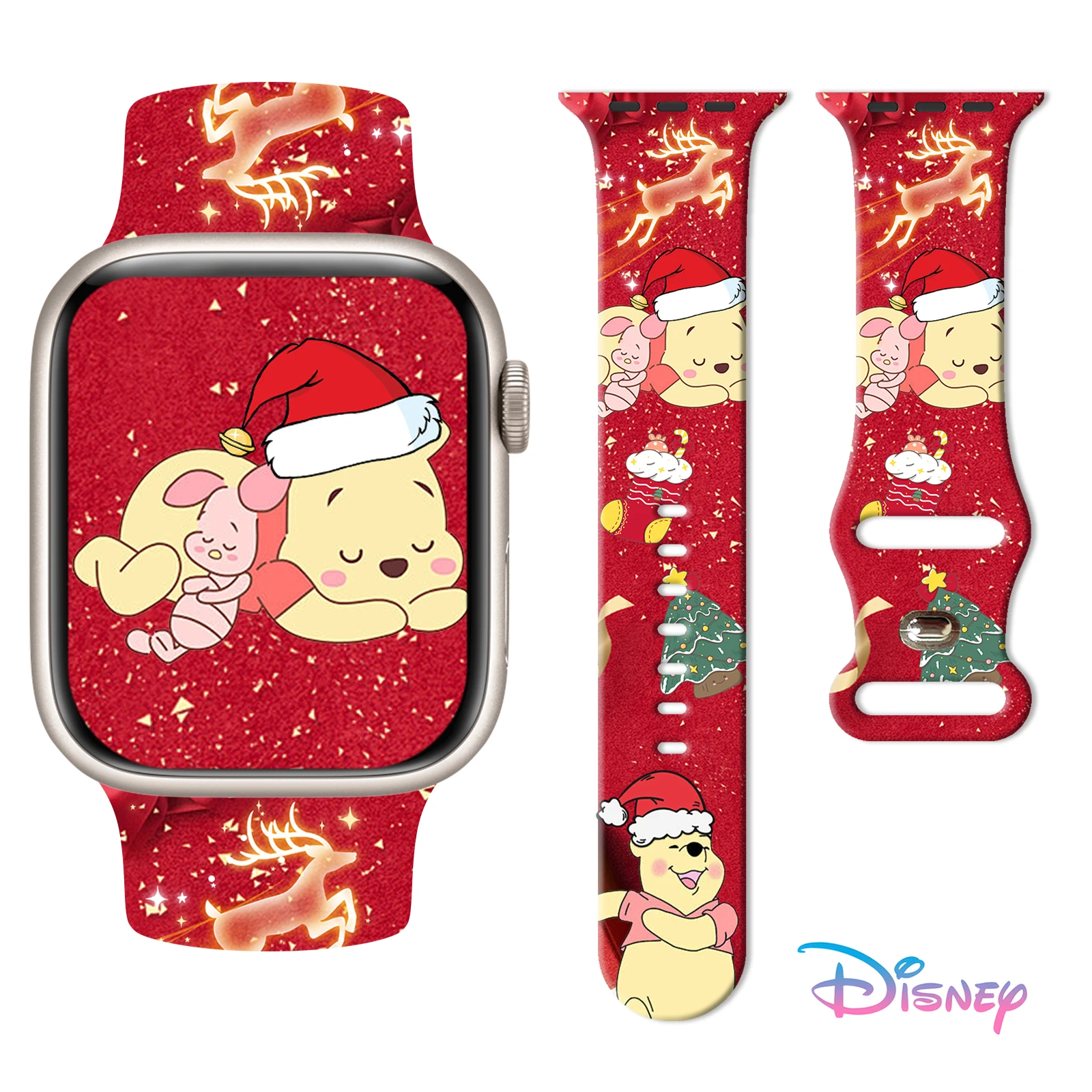 Disney Pooh Bear Christmas Strap for Apple Watch 45mm 44mm 42mm 41mm Silicone Band Replaceable Bracelet for iWatch 9 8 7 SE 6