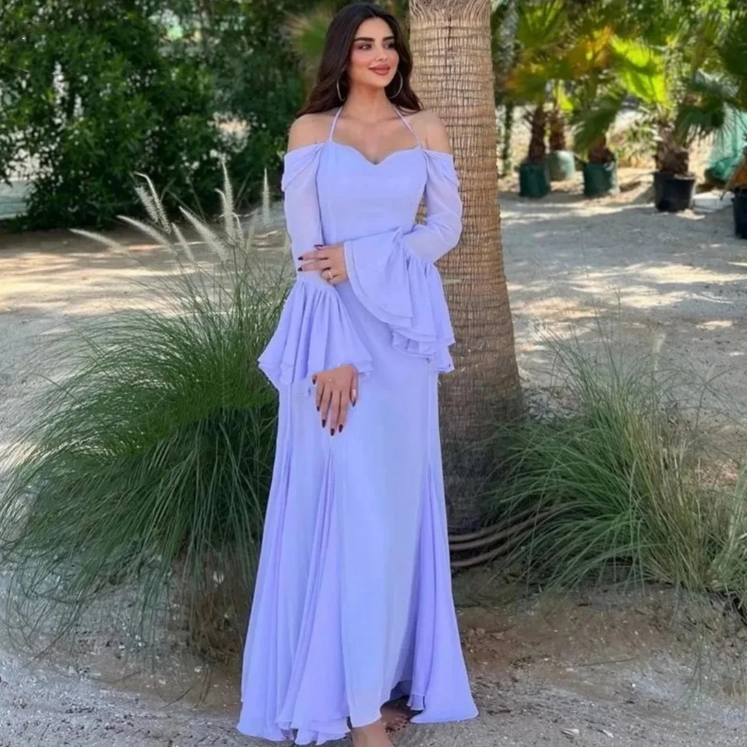 

Elegant Long Sleeves Prom Dresses Sweetheart Floor Length Pleated Chiffon Party Dresses Evening Dresses