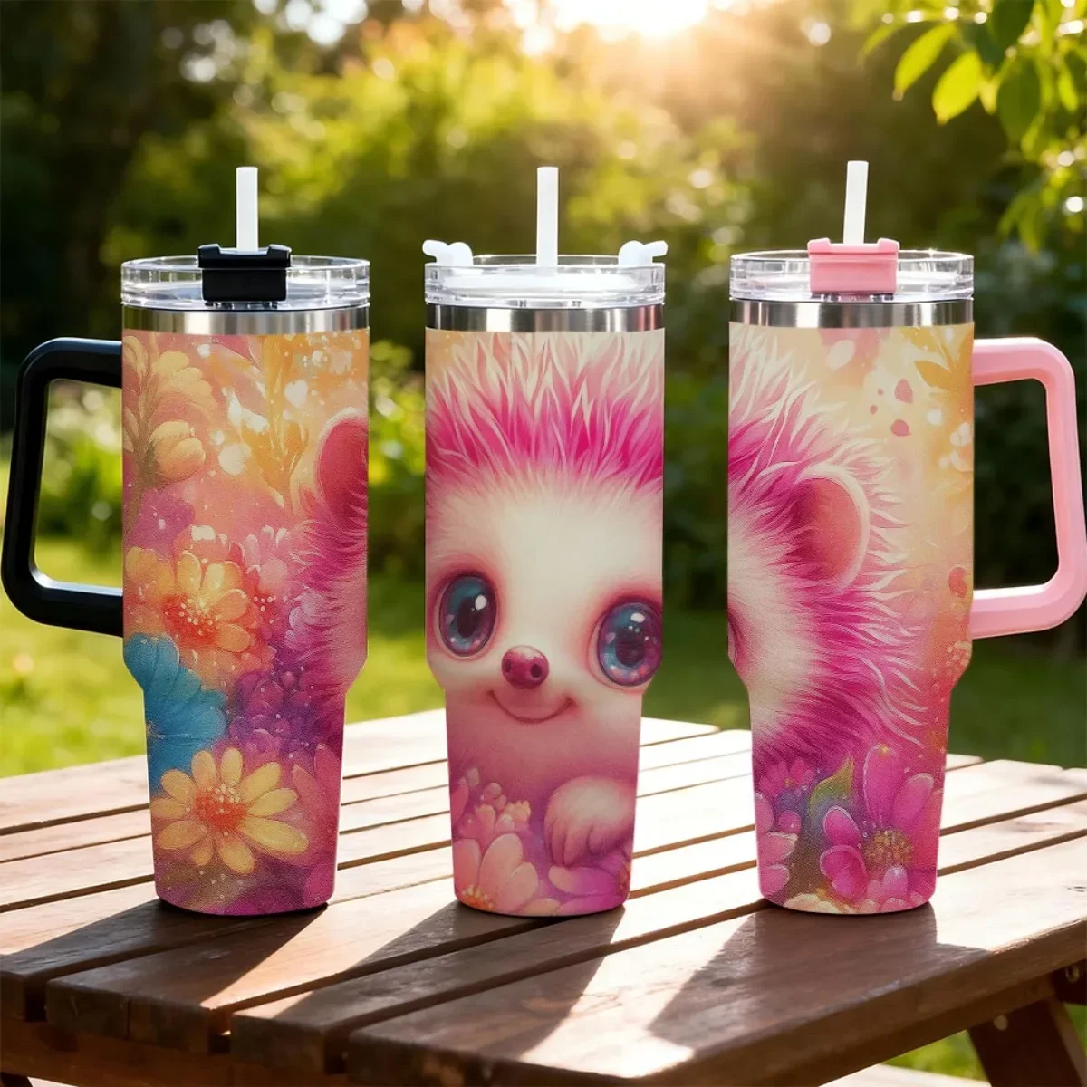 1pc 40Oz Adorable Hedgehog Floral Vacuum Cup Mug - Vacuum-Sealed Stainless Steel Water Bottle Featuring Straw & Handle, Leakproof Flip Top - Maintains Beverage Temperature for Hours in Pastel Pink, Blue, Purple, Yellow, And Orange view 2