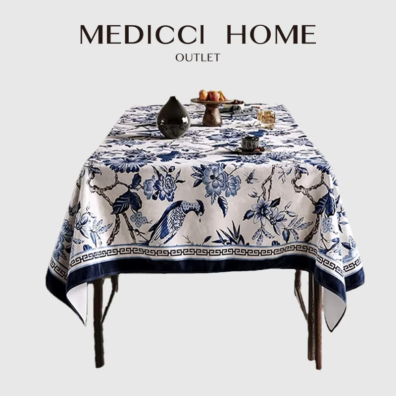 

Medicci Home Oriental Ceramic Floral Bird Luxurious Tablecloth French Retro Indigo Table Cloth Overlay For Dining Room Kitchen