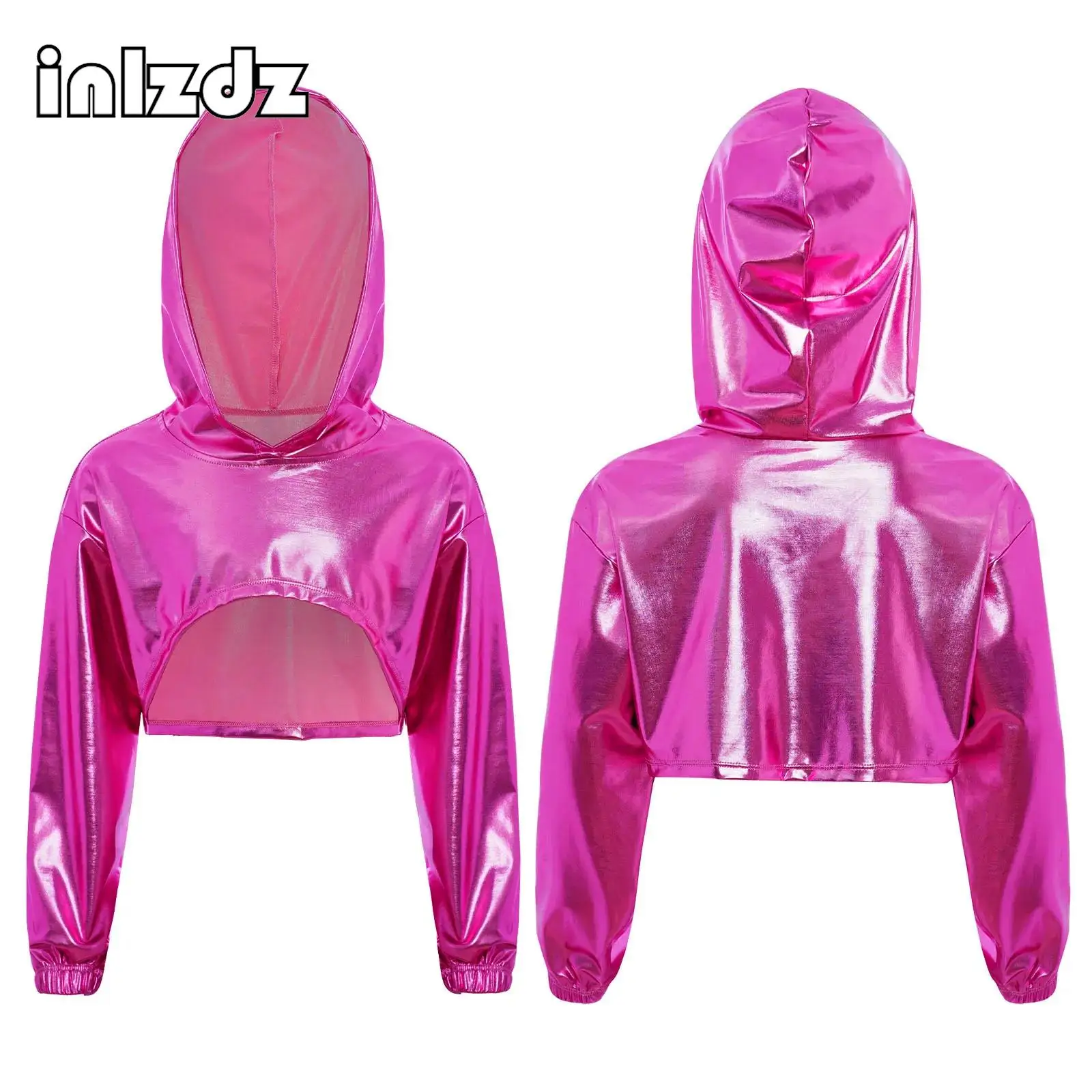 

Girls Hip-Hop Jazz Dance Performance Costume Metallic Hoodie Long Sleeve Cropped Hooded Top Fancy Prom Party School Show Costume