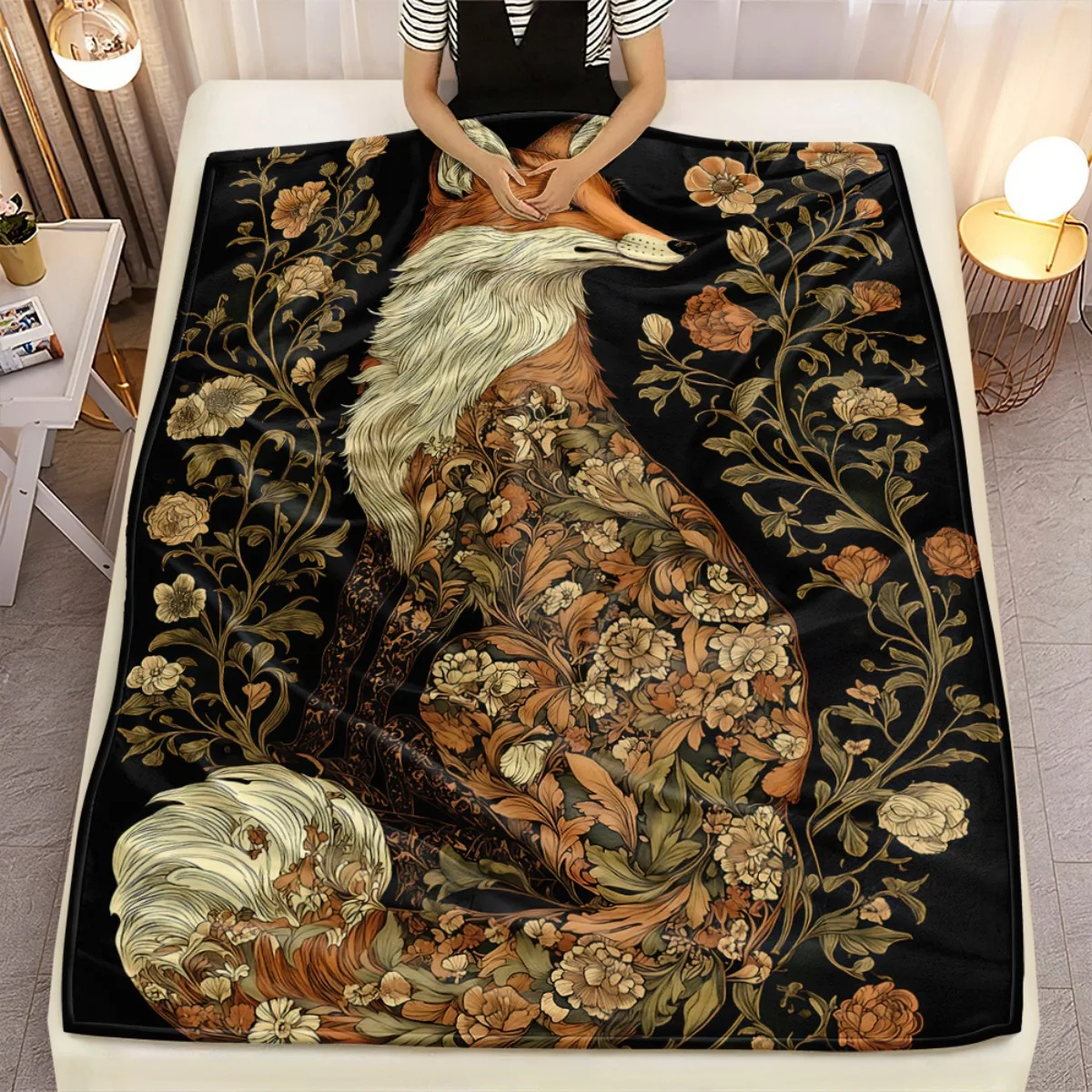 

Фланелевое одеяло с лисой и цветочным узором, винтажное животное, элегантный дизайн, мягкий уютный плед, домашний декор, подарок