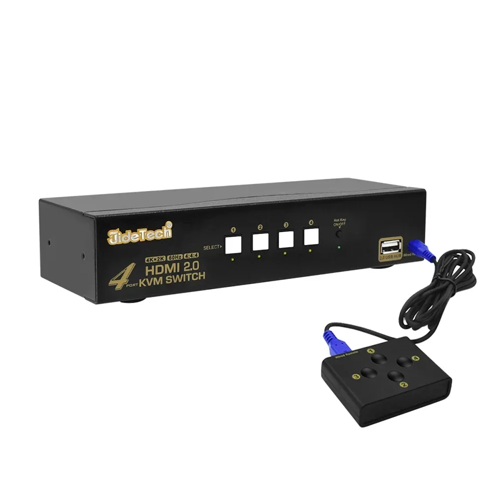 En stock : Commutateur KVM JideTech 4 ports, compatible Ultra HD avec hub USB 2.0 et câbles, prise en charge des raccordements par touches de raccourci, souris et télécommande filaire.
