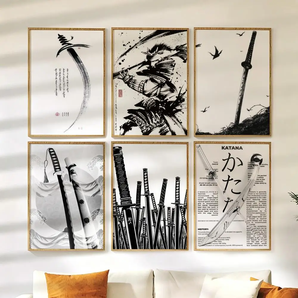 Japanese K-Katana Samurai Art Poster Wall Stickers HD Painting Self Adhesive Art Decals for Living Room Home Bedroom Decor