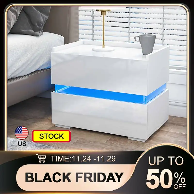 LED Nightstand High Gloss with 2 Drawers Bedside Table Cabinet with 0.98in Hight Anti-drop Edge Design Black Night Stand US