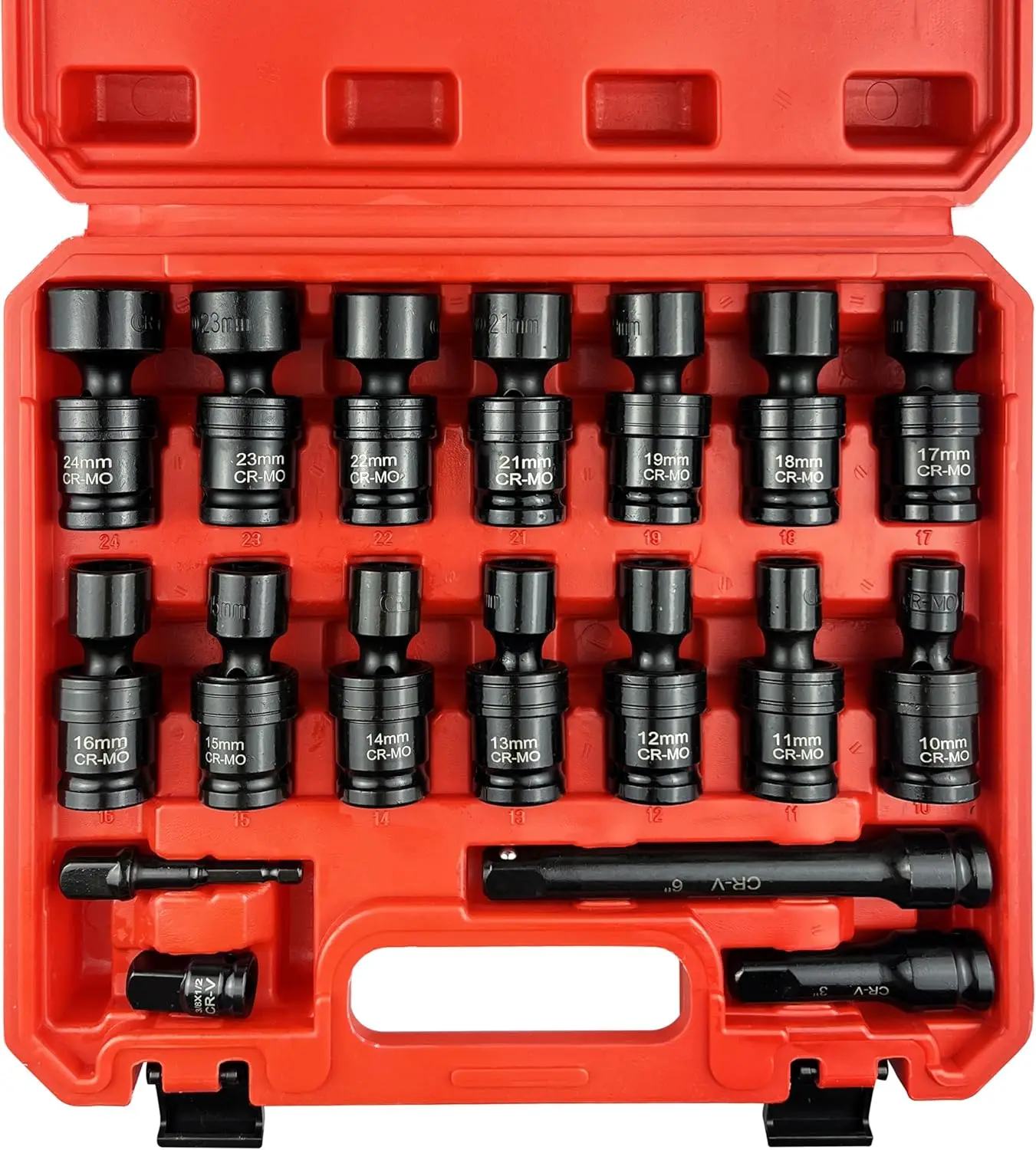 

1/2" Drive Shallow Universal Impact Socket Set 18PCS with Swivel Sockets 10-24mm and Extensions