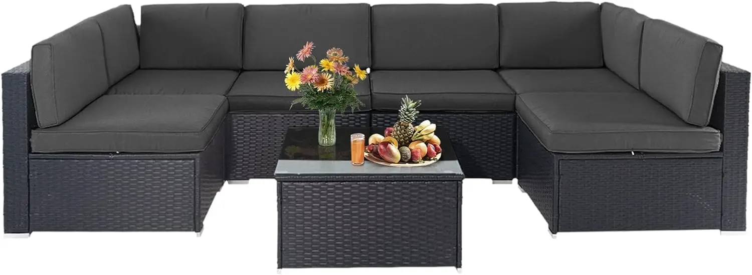 PE Rattan Wicker Sofá com almofada lavável e mesa de vidro, Sofá secional ao ar livre, Pátio All-Weather