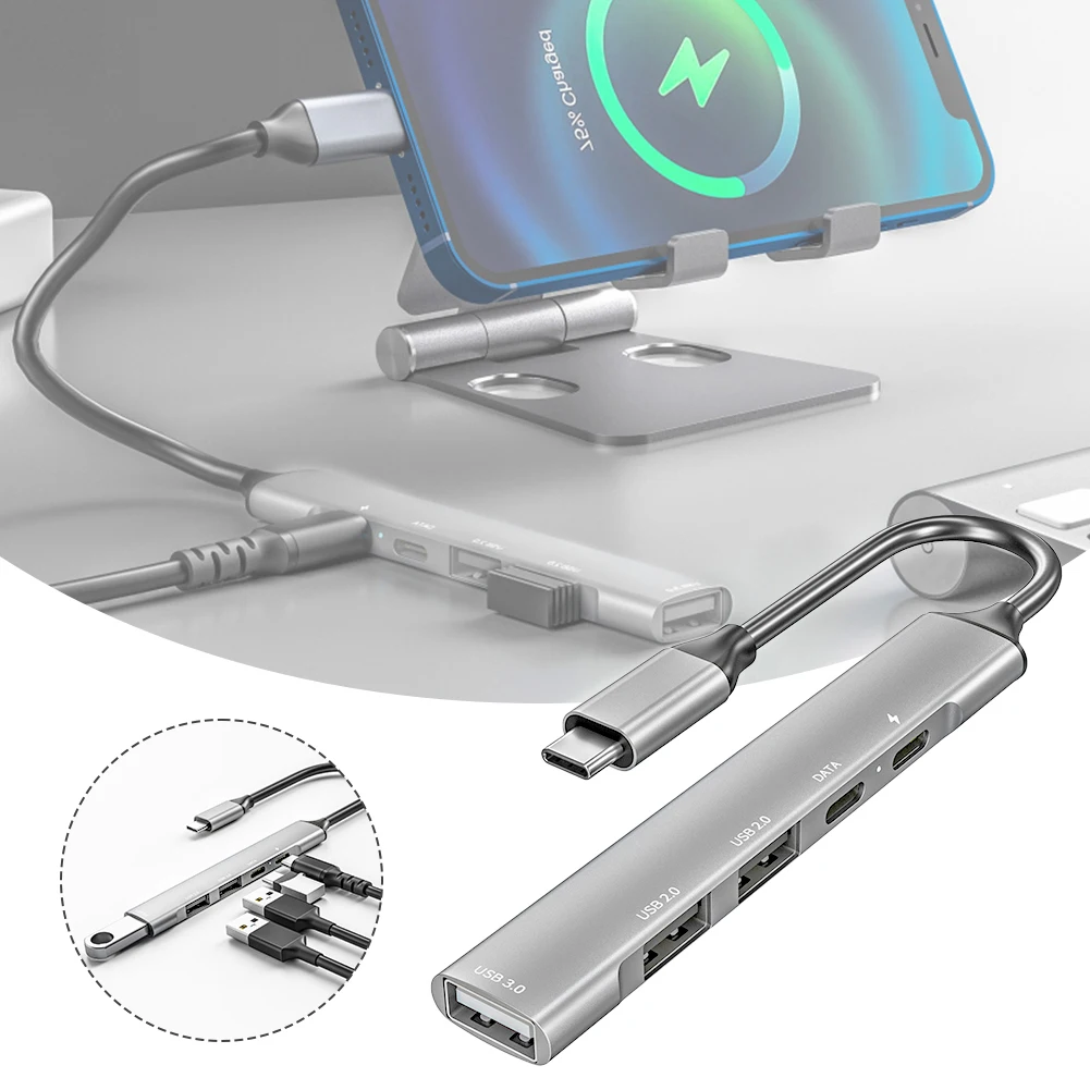 Alumínio Liga Gigabit Ethernet USB C Hub, Transferência De Dados Do Laptop, Entrega De Energia, Adaptador Multiport, Escritório Networking, 5 em 1