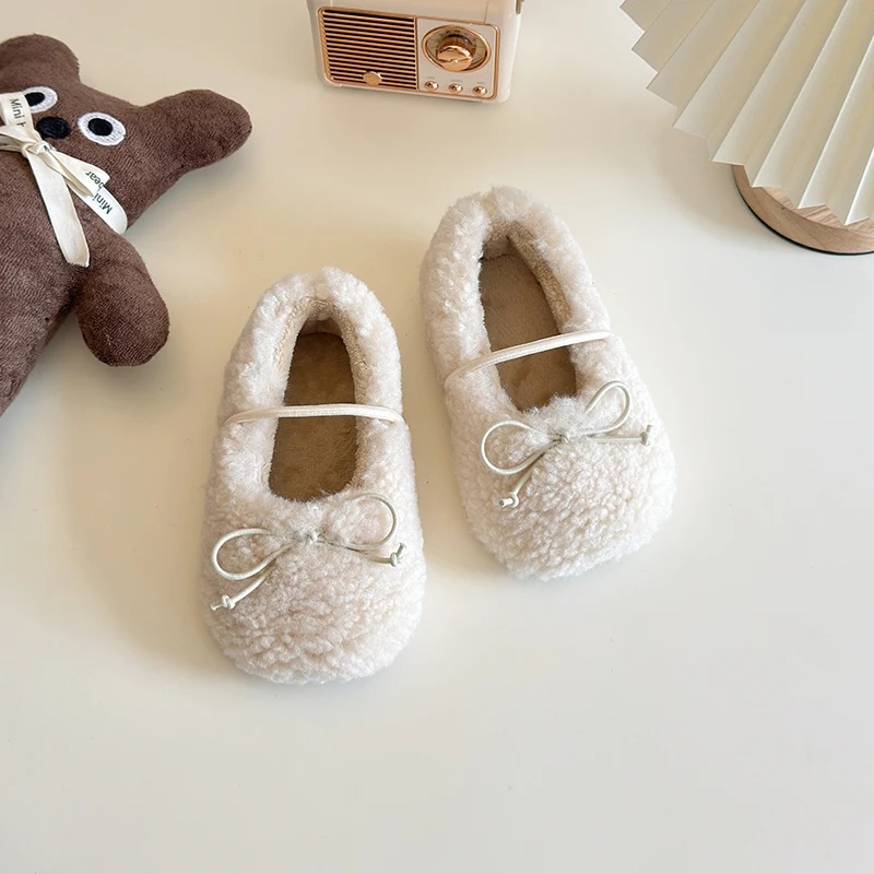 2025 New Kids Shoes Winter Toddler Girls Fashion Princess Mary Jane Party Dress Flats Ballets Children Brand Warm Fur Bowtie