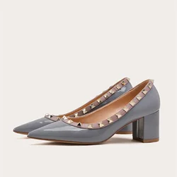 Ladies Shiny Leather and Matte Rivets Pumps 6cm Cindella Shoes Shallow Months Patchwork Slip-Ons For Wide Foot 48-33 Beige Black