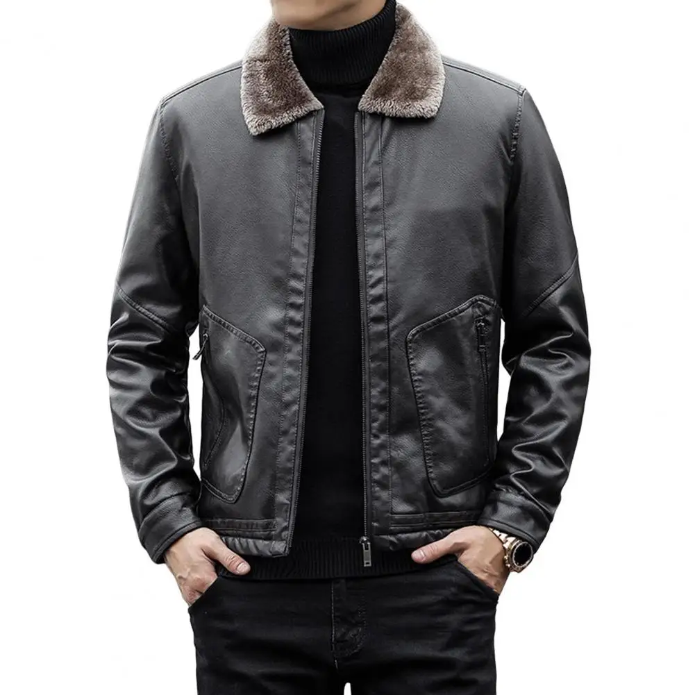 

Autumn and Winter Men Leather Jacket with Velvet Lining Lapel Long Sleeve Zipper Placket Solid Color Coat