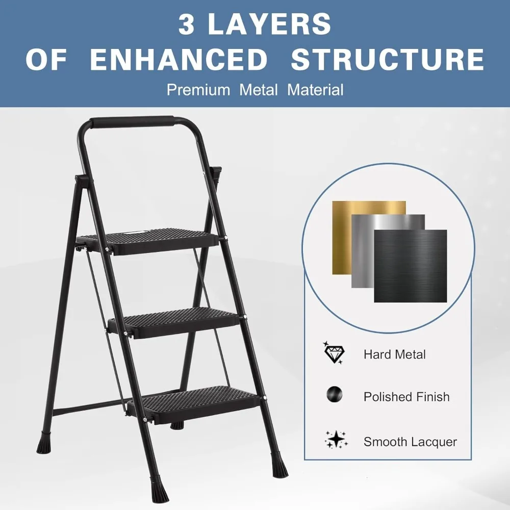 Échelle de tabouret pliable à 3 marches, limite de poids de 300 lb, échelle pliante à 3 marches pour cuisine, avec large pédale antidérapante, robuste