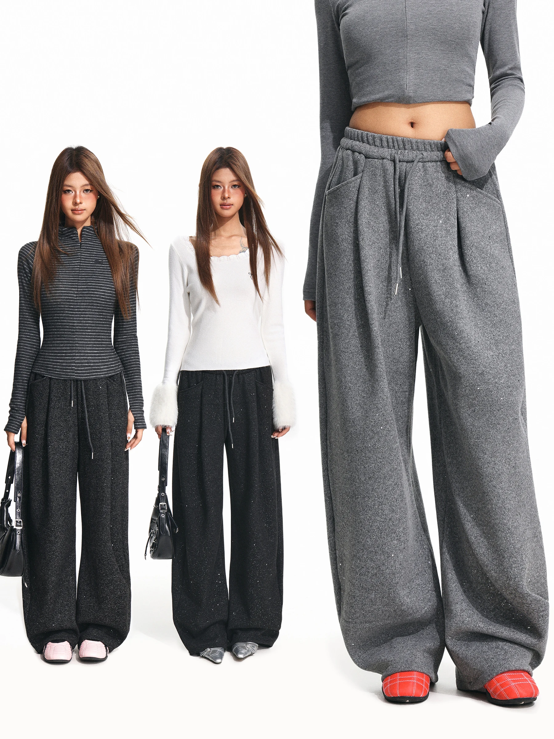 

Утепленные американские женские повседневные брюки свободного прямого кроя с эластичным поясом и шнурком, зимние, для отдыха