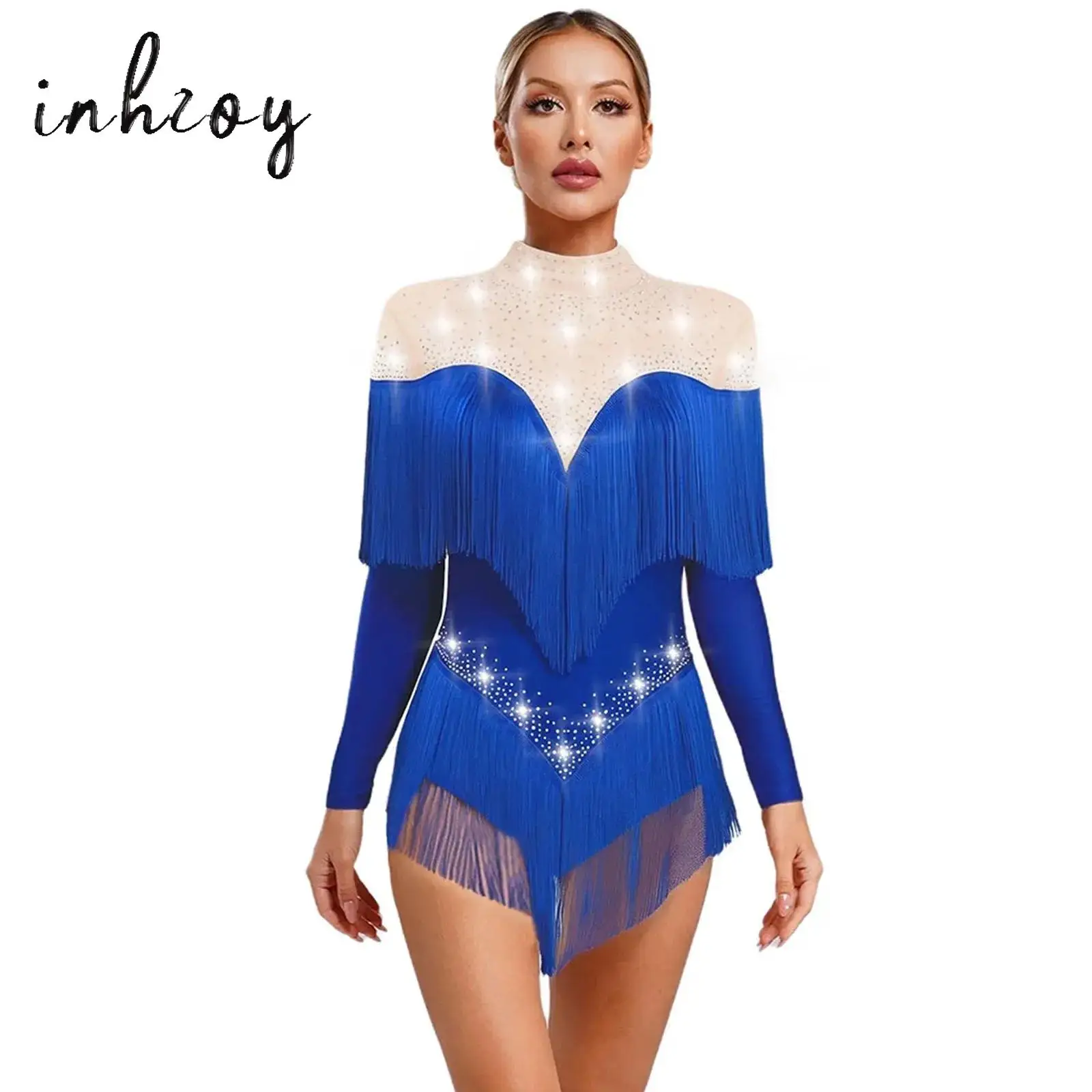

Women Latin Dance Leotard Dress Long Sleeve Rhinestones Tassels Bodysuit Cha-cha Samba Dancewear for Performance Competiti﻿on