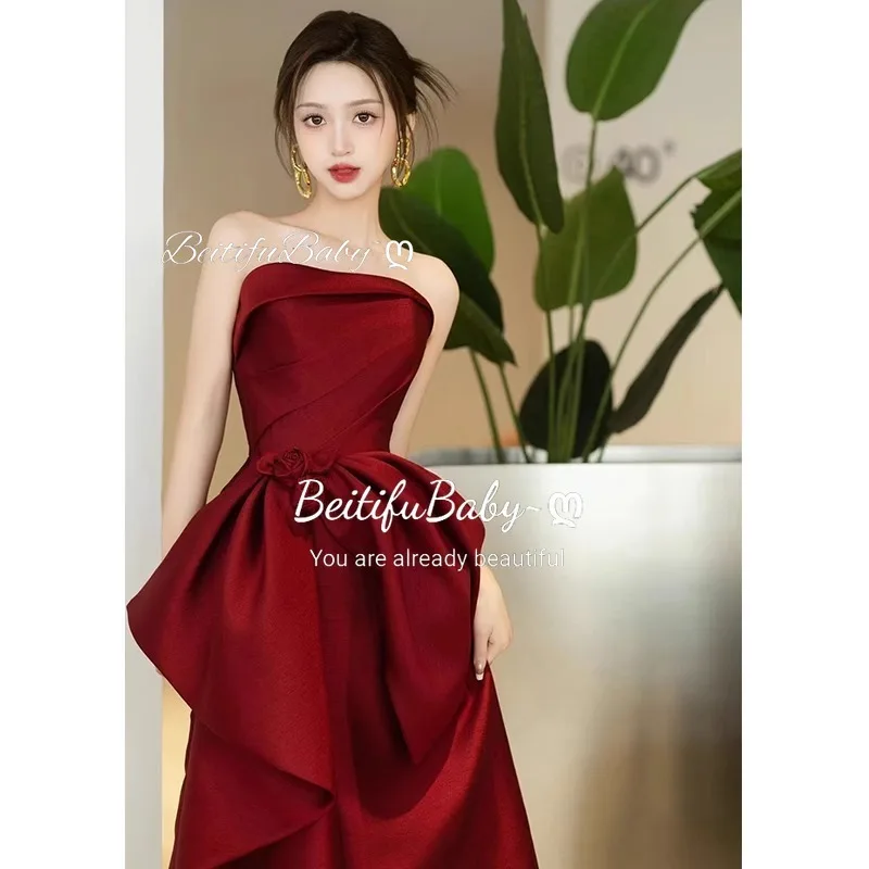 BeitifuBaby Banquet Gown for Women Evening Dress Strapless Sleeveless Bow Stain Formal Dresses Vestidos Elegantes Para Mujer