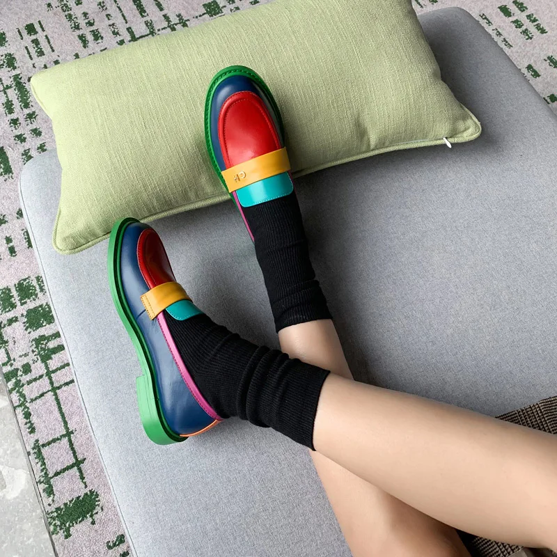 

Phoentin rainbow retro design genuine leather loafers for women 2024 round toe low heeled shoes casual pupms plus size FT3578