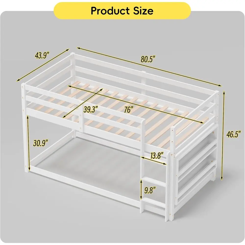 Łóżko piętrowe dla dzieci, rozmiar twin, na podłogę, z półkami i pełnymi poręczami, biała drewniana rama do sypialni, akademików.