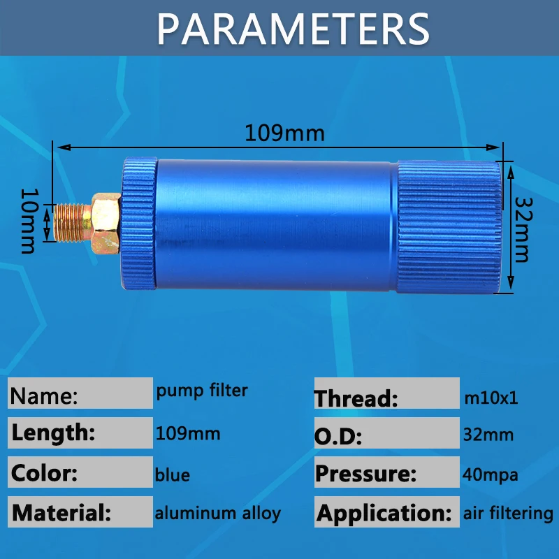 Filtro de bomba manual de alta pressão, separador de óleo de água azul m10x1, conector rápido de 8mm, elemento de algodão de filtragem de compressor de ar 40mpa