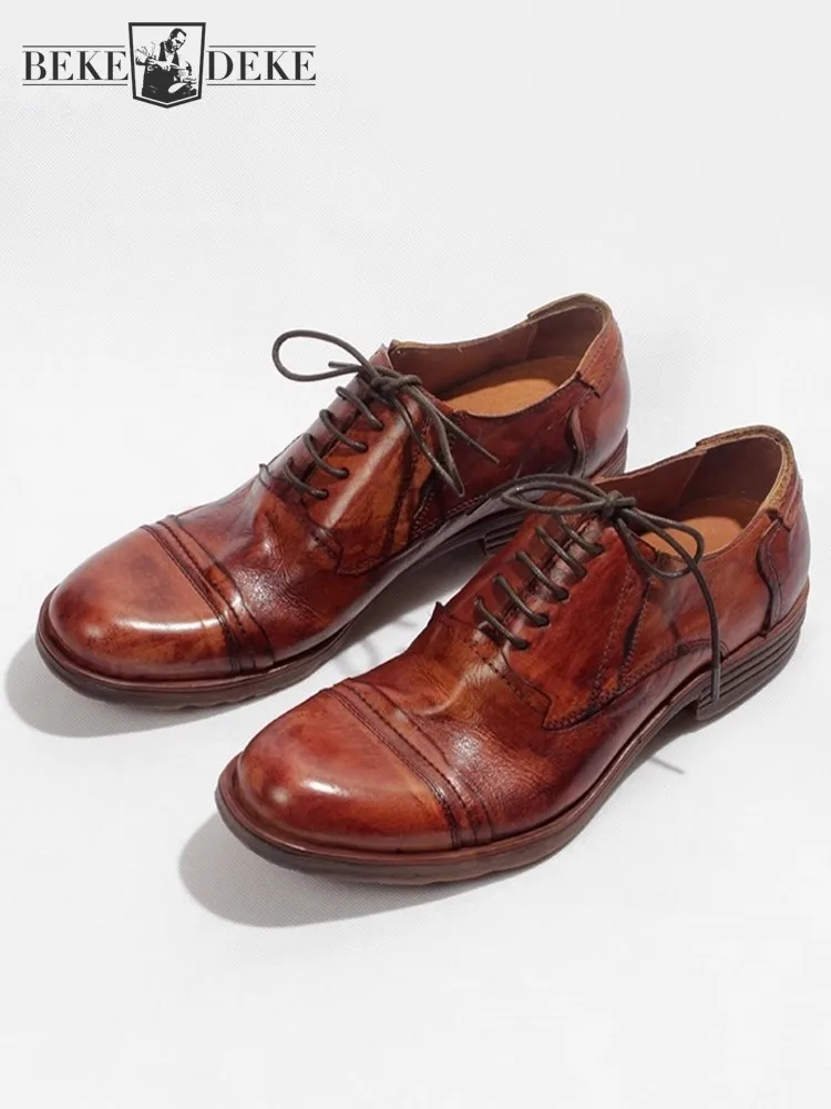 

Vintage Business Men Genuine Leather Work Shoes Lace Up Round Toe Thick Platform Wedding Dress Shoes Real Cowhide Formal Shoes