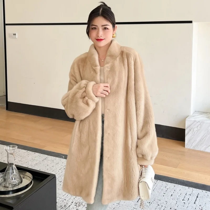 New Fashion Real Mink Fur Women Winter Coat Stand Collar Natural Mink Whole Fur Long  Plus Size  Female Mink Fur Jacket